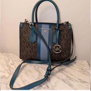 Michael Kors Brown Satchel with Teal and Light Blue Trim
